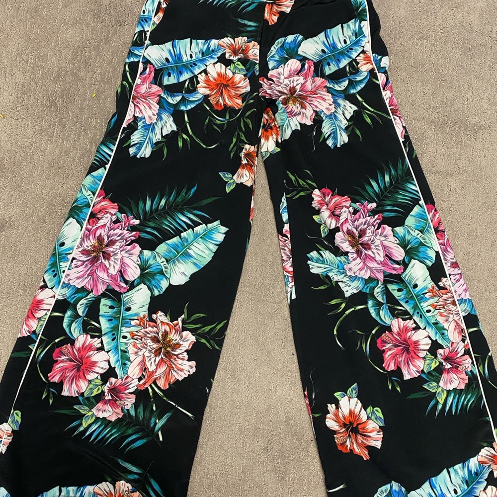 Morgan de Toi Black Tropical Floral Wide Leg Pants